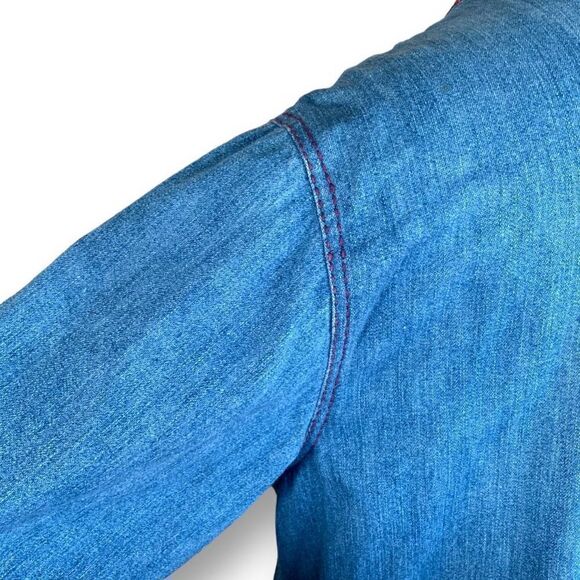 Vintage 90s Denim Jacket Pink Trim Medium Wash Floral Printed Shacket Large - Picture 8 of 15